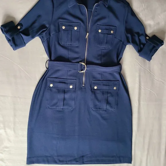 SUZY SHIER (NEW) Navy Blue Cargo Dress w/Brass Buttons - Picture 3 of 9